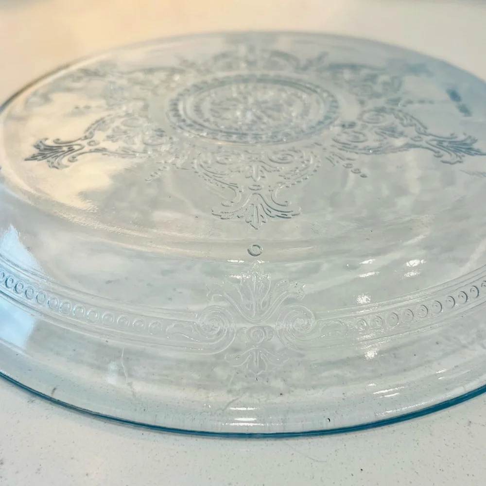 Vintage Fire-King Clear Glass 9” Pie Plate Ornate Scroll Medallion 1940s